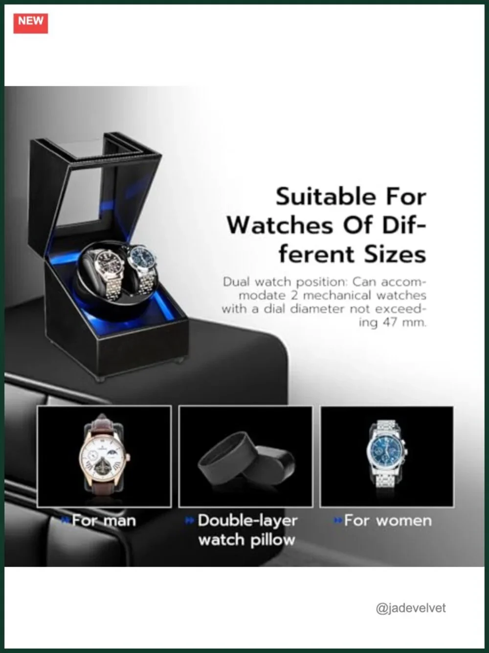 Dual Watch Winder Box with LED Light, PU Leather, Ultra-Quiet, 5 Modes, Gifts